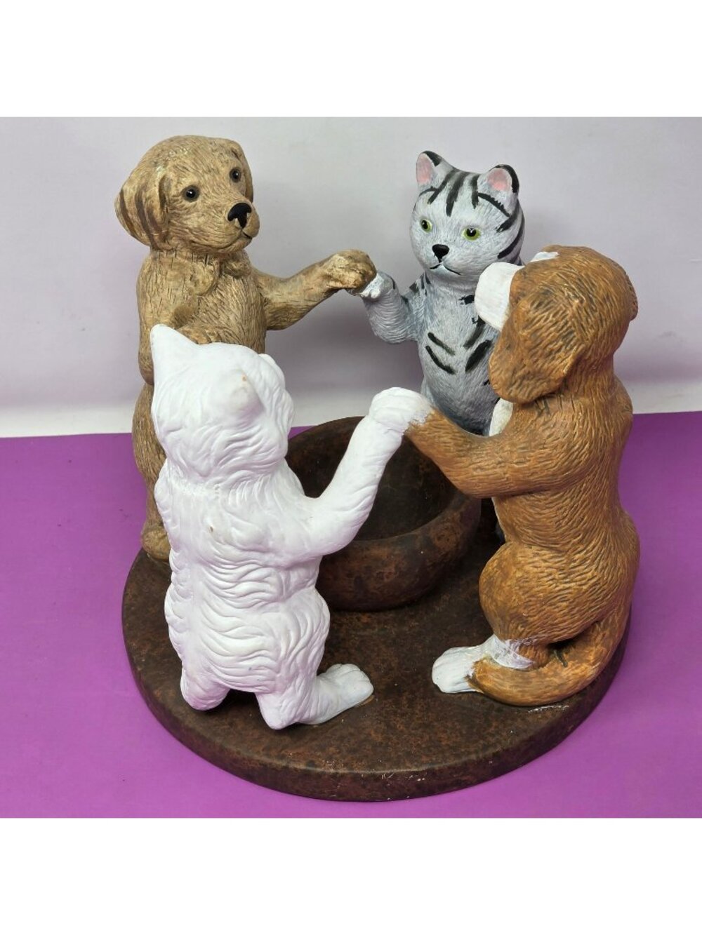 Animal Figurine Circle With Cats & Dogs Holding Hands Over Center Bowl